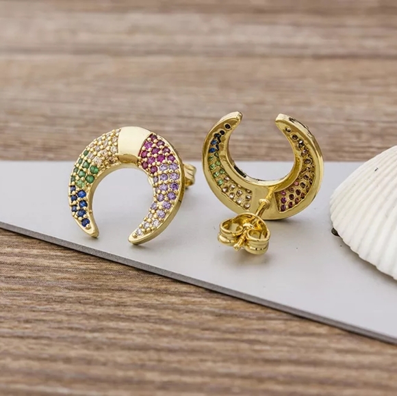 New Gold Pave Moon Stud Earrings with Cubic Zirconia for Women - Picture 2 of 3